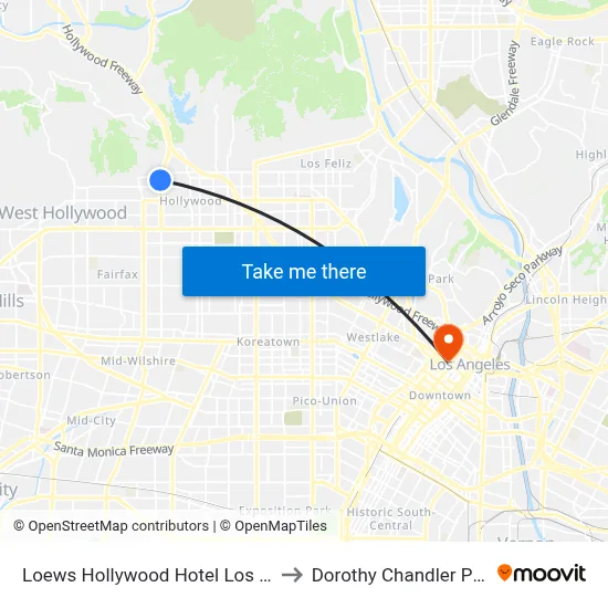Loews Hollywood Hotel Los Angeles to Dorothy Chandler Pavilion map