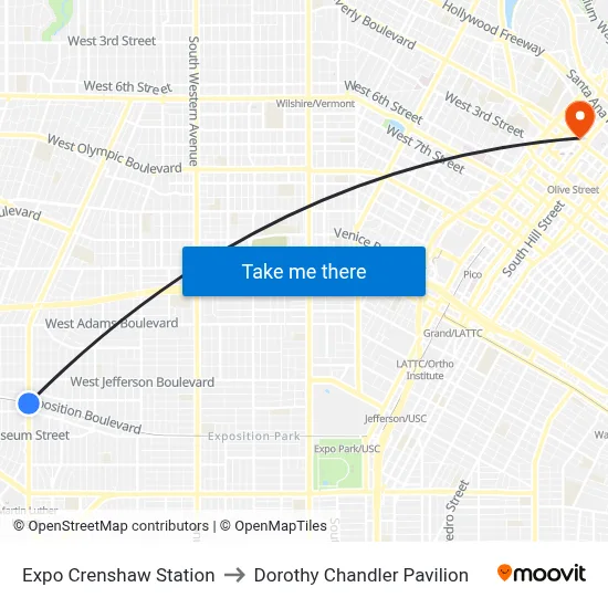 Expo Crenshaw Station to Dorothy Chandler Pavilion map