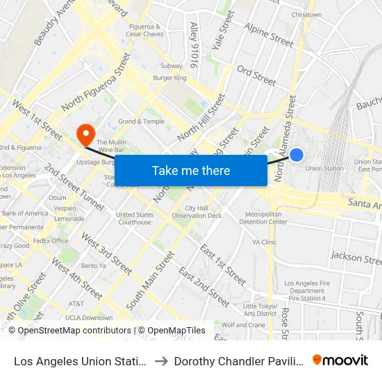 Los Angeles Union Station to Dorothy Chandler Pavilion map