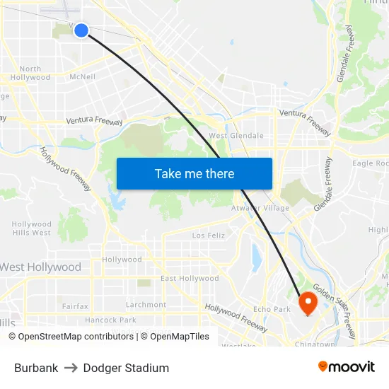 Burbank to Dodger Stadium map