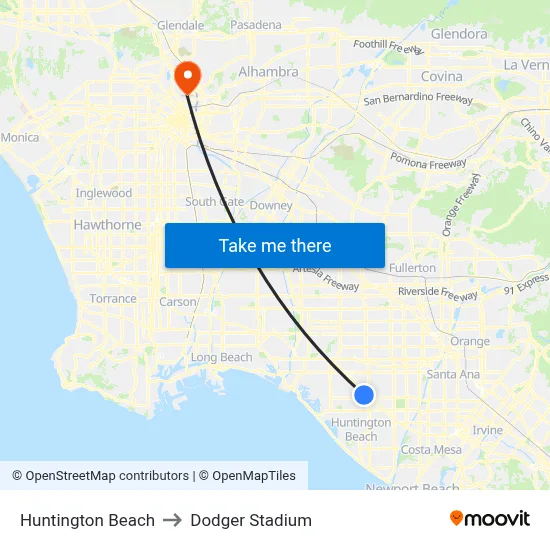 Huntington Beach to Dodger Stadium map