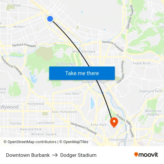 Downtown Burbank to Dodger Stadium map