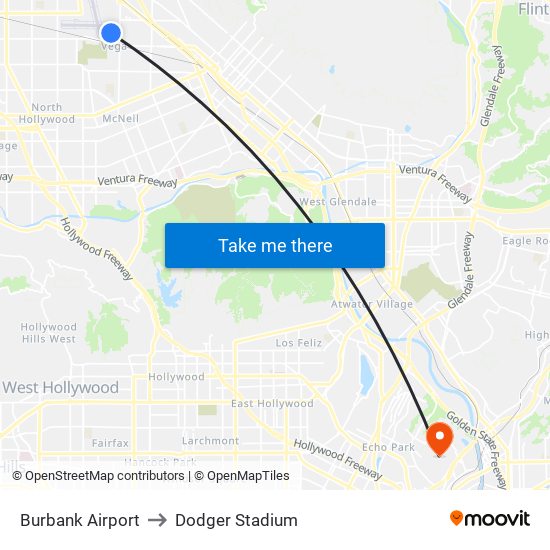 Burbank Airport to Dodger Stadium map