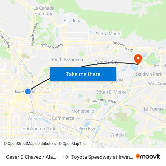 Cesar E Chavez / Alameda to Toyota Speedway at Irwindale map