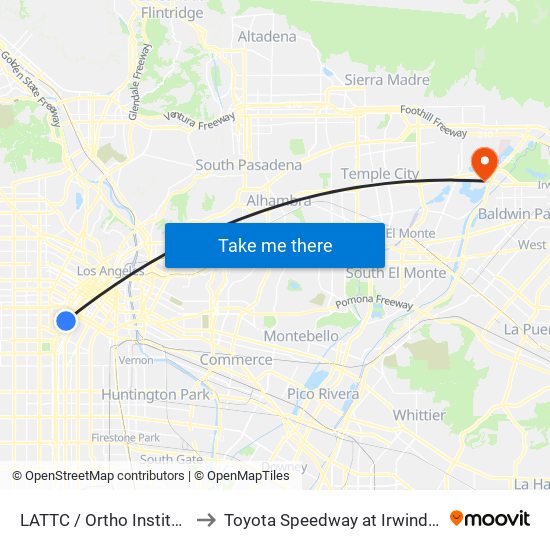 LATTC / Ortho Institute to Toyota Speedway at Irwindale map