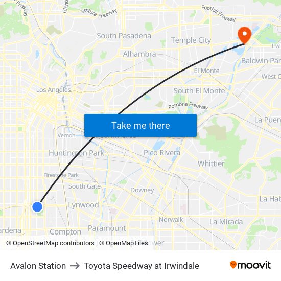 Avalon Station to Toyota Speedway at Irwindale map