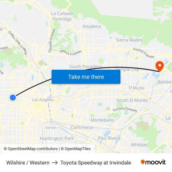 Wilshire / Western to Toyota Speedway at Irwindale map