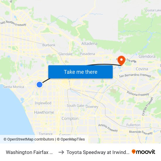 Washington Fairfax Hub to Toyota Speedway at Irwindale map