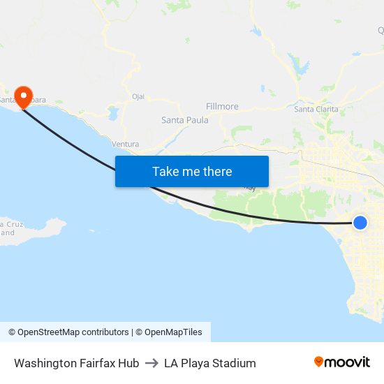 Washington Fairfax Hub to LA Playa Stadium map