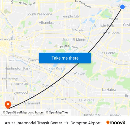 Azusa Intermodal Transit Center to Compton Airport map