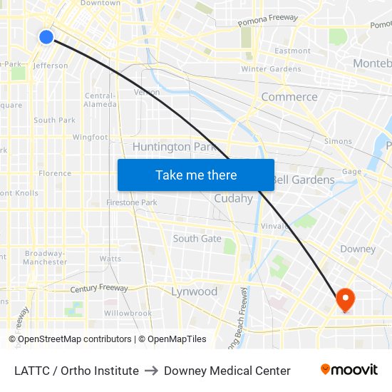 LATTC / Ortho Institute to Downey Medical Center map