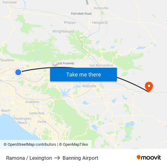 Ramona / Lexington to Banning Airport map