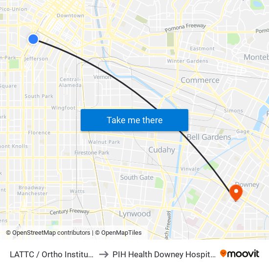 LATTC / Ortho Institute to PIH Health Downey Hospital map