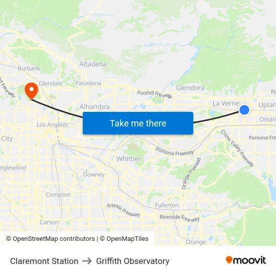 Claremont Station to Griffith Observatory map