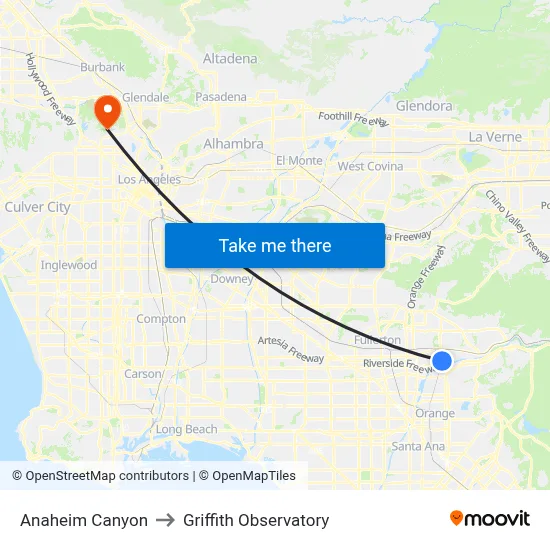 Anaheim Canyon to Griffith Observatory map