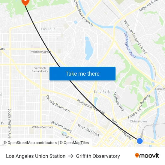 Los Angeles Union Station to Griffith Observatory map