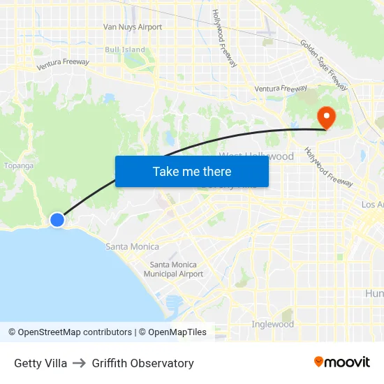 Getty Villa to Griffith Observatory map