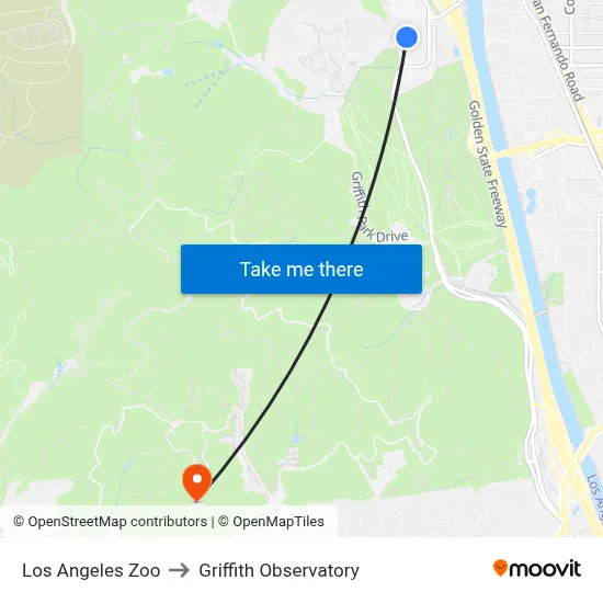Los Angeles Zoo to Griffith Observatory map