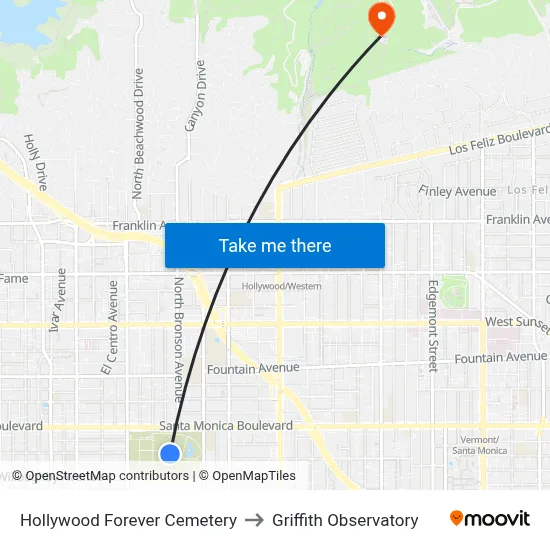 Hollywood Forever Cemetery to Griffith Observatory map