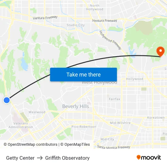 Getty Center to Griffith Observatory map