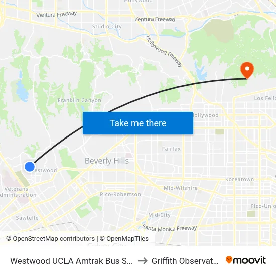 Westwood UCLA Amtrak Bus Stop to Griffith Observatory map