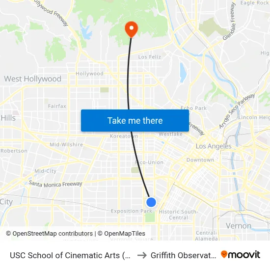 USC School of Cinematic Arts (SCA) to Griffith Observatory map
