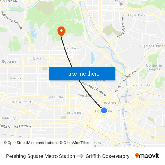 Pershing Square Metro Station to Griffith Observatory map