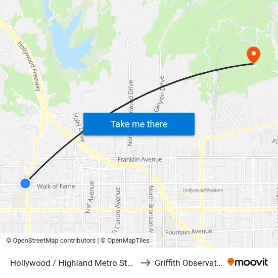 Hollywood / Highland Metro Station to Griffith Observatory map
