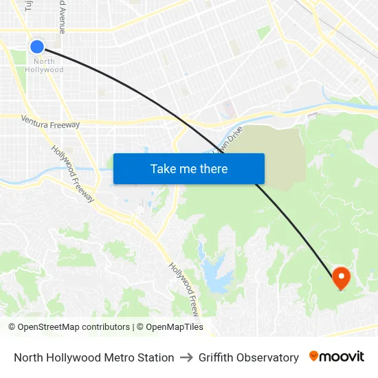 North Hollywood Metro Station to Griffith Observatory map