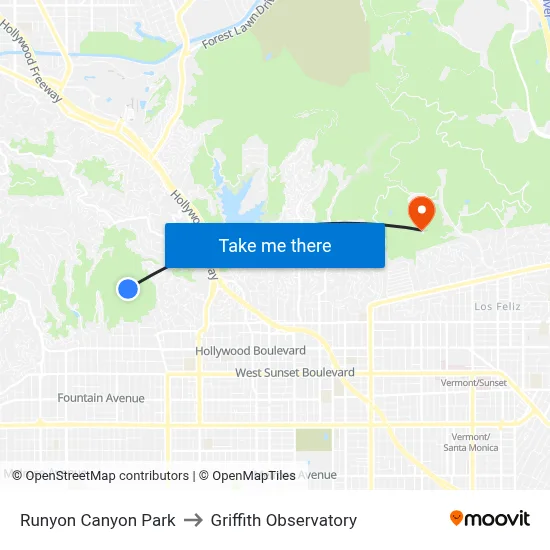 Runyon Canyon Park to Griffith Observatory map