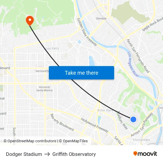 Dodger Stadium to Griffith Observatory map