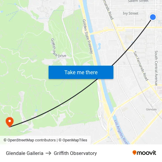 Glendale Galleria to Griffith Observatory map