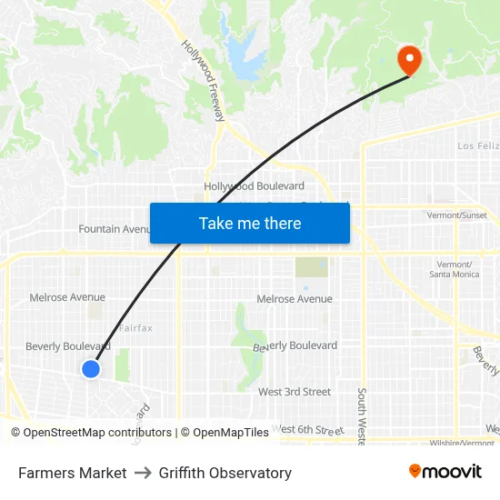 Farmers Market to Griffith Observatory map