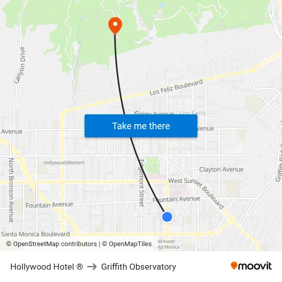 Hollywood Hotel ® to Griffith Observatory map