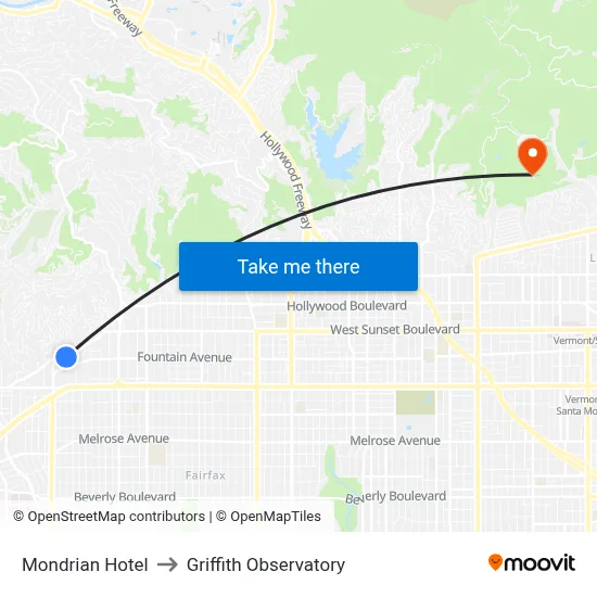 Mondrian Hotel to Griffith Observatory map
