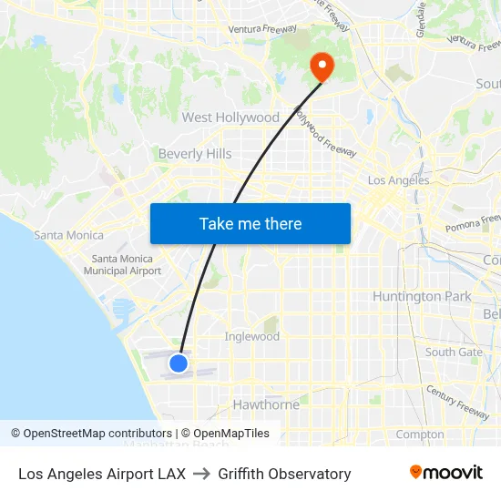 Los Angeles Airport LAX to Griffith Observatory map