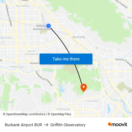 Burbank Airport BUR to Griffith Observatory map