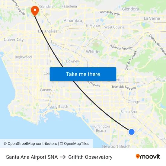 Santa Ana Airport SNA to Griffith Observatory map