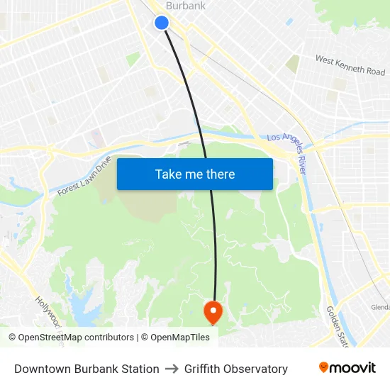 Downtown Burbank Station to Griffith Observatory map