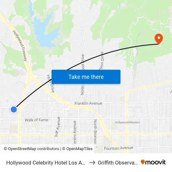 Hollywood Celebrity Hotel Los Angeles to Griffith Observatory map