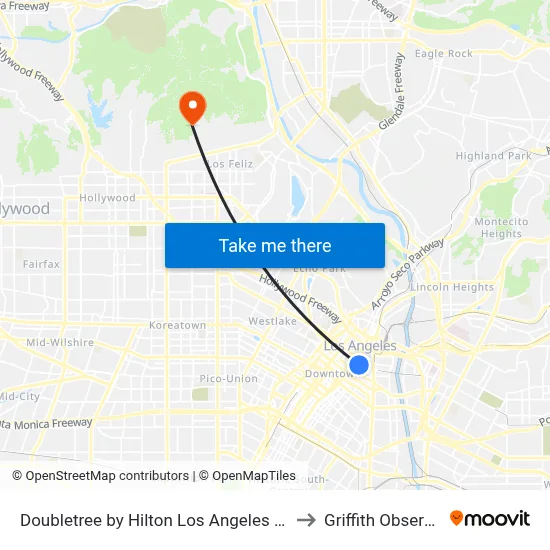 Doubletree by Hilton Los Angeles Downtown to Griffith Observatory map