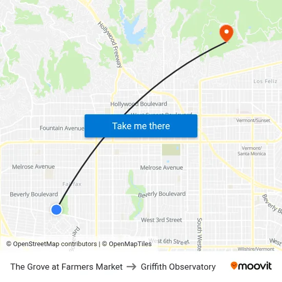 The Grove at Farmers Market to Griffith Observatory map