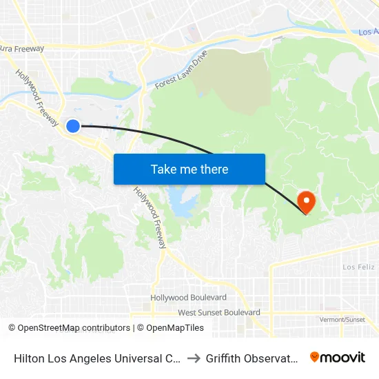Hilton Los Angeles Universal City to Griffith Observatory map