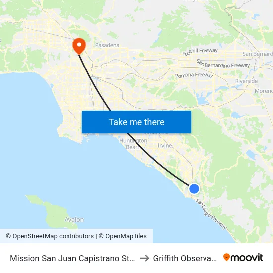 Mission San Juan Capistrano Station to Griffith Observatory map