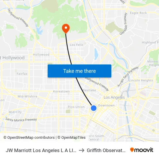 JW Marriott Los Angeles L A LIVE to Griffith Observatory map
