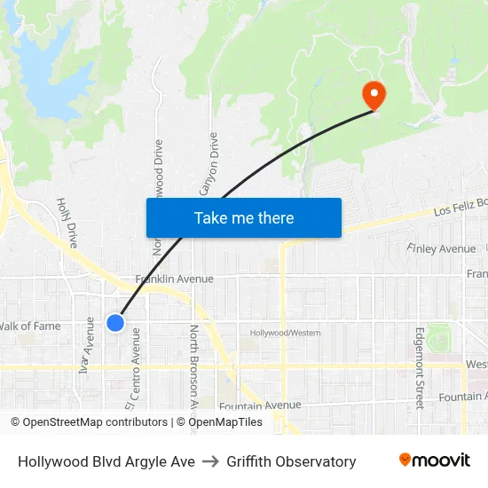 Hollywood Blvd Argyle Ave to Griffith Observatory map