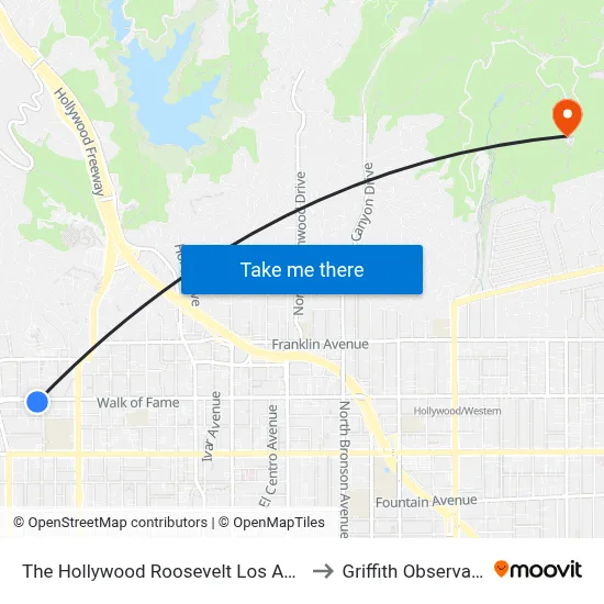The Hollywood Roosevelt Los Angeles to Griffith Observatory map