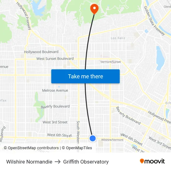 Wilshire Normandie to Griffith Observatory map