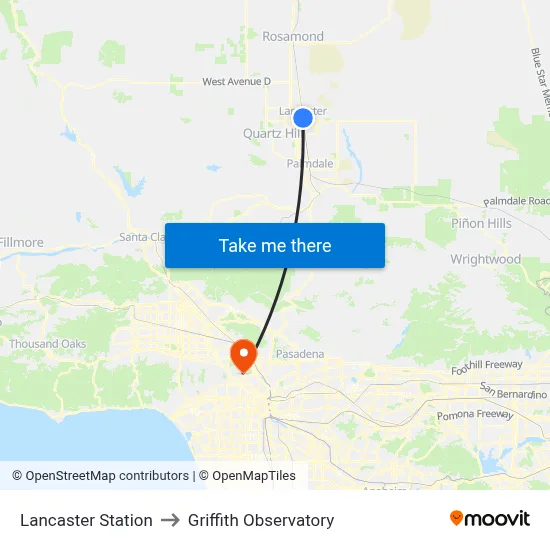 Lancaster Station to Griffith Observatory map