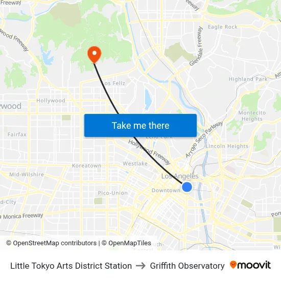 Little Tokyo Arts District Station to Griffith Observatory map